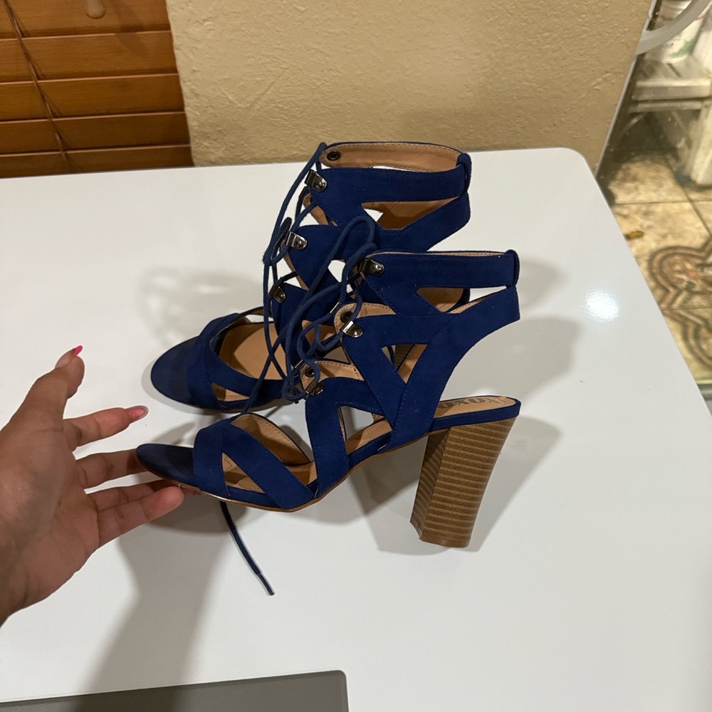 XOXO Navy Lace-Up Block Heels